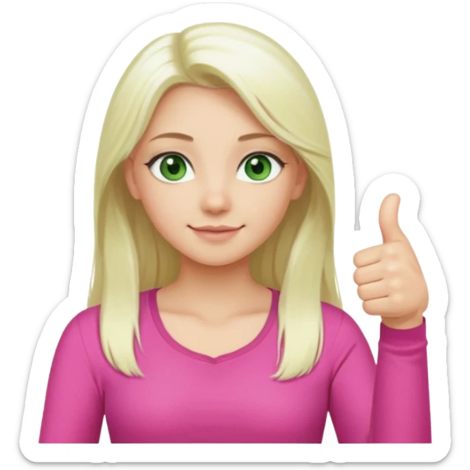 Long platinum blonde hair girl with green eyes in  pink top showing a thumbs up  sticker