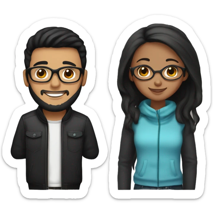 Happy couple together; girl with medium black hair, brown eyes and light brown skin; boy with glasses, short black hair, black beanie, and black beard  sticker