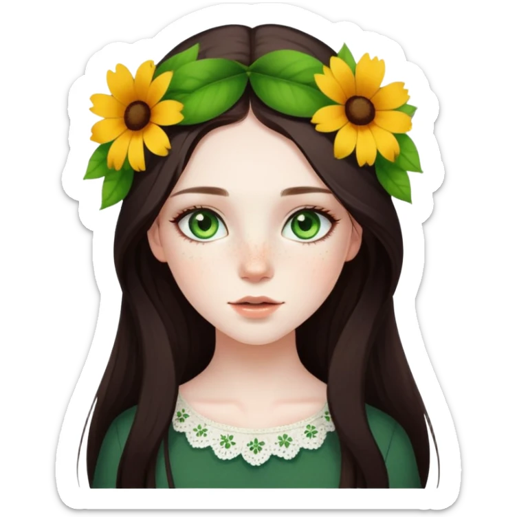pretty girl with pale skin, freckles, green eyes, long lashes, dark brown long hair in summer styled outfit, with flower on head sticker
