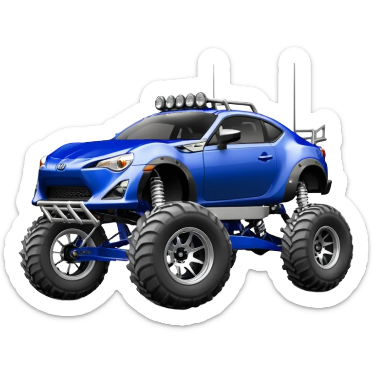LCG Armored Dirty raced redneck jacked 2013 scion fr-s ultramarine off road 4wd monster truck style Baja dessert stadium rock racer number 86 with long travel swing arm suspension, shiny silver wheels, exaggerated wide black fender flares and trailer  sticker