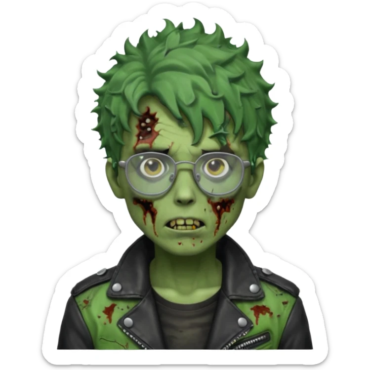 Hombre zombie de piel verde con chaqueta de cuero punk, pelo rizado corto y gafas sticker