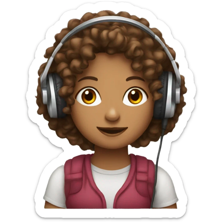 Brown curly haired girl wearing headphones sitting in front of a mic sticker