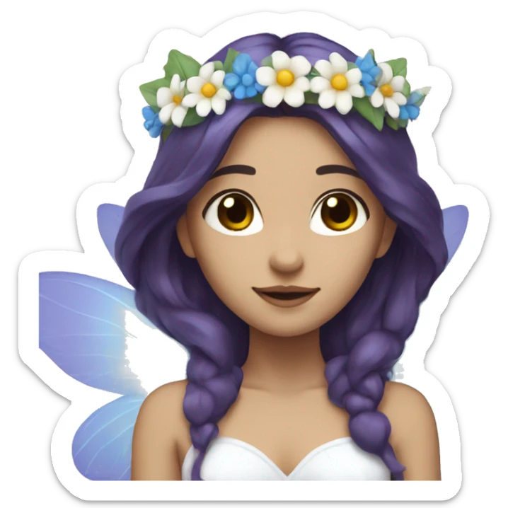 white fairy with purple and blue wings, long brunette hair, and flower crown sticker