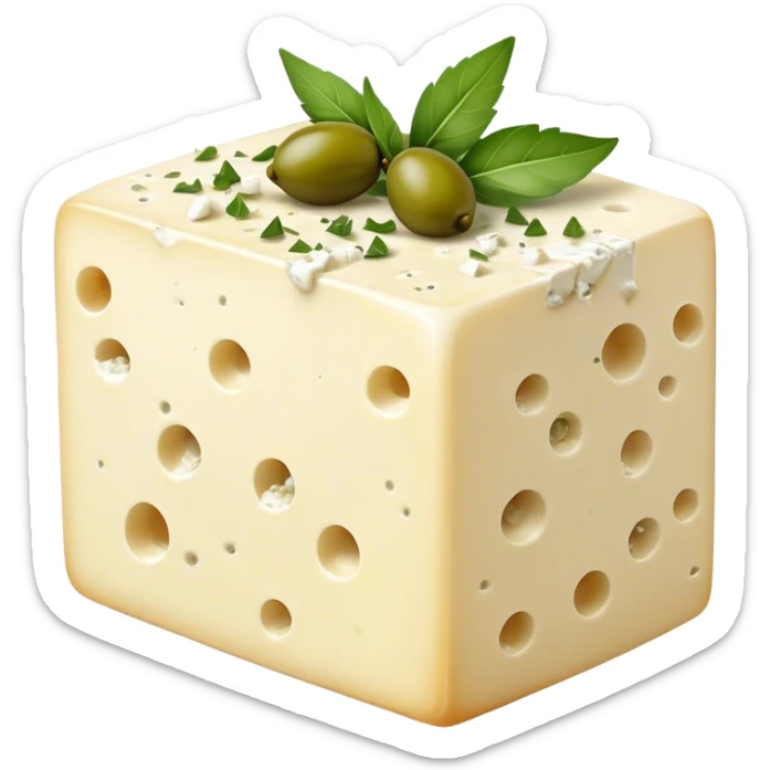 Cinematic Realistic Feta Cheese Dish Emoji, depicted as a block of crumbly, tangy cheese garnished with olive oil and herbs rendered with lifelike detail and soft natural lighting. sticker