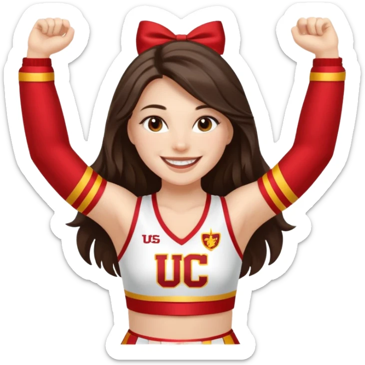 white happy long haired brunette girl in a white USC cheerleader outfit sticker