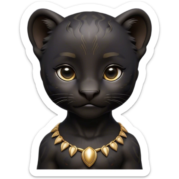 Cinematic Noble Baby black Panther Portrait Emoji, Poised with a touch of regal innocence, featuring a compact, sleek build with soft, dark fur and large, soulful eyes, Simplified yet sharp and sophisticated features, highly detailed, glowing with a gentle, mysterious glow, high shine, intelligent and endearing, stylized with an air of youthful authority, focused and attentive, soft glowing outline, capturing the essence of a tiny jungle guardian that appears ready to pounce out of the screen with effortless charm! sticker