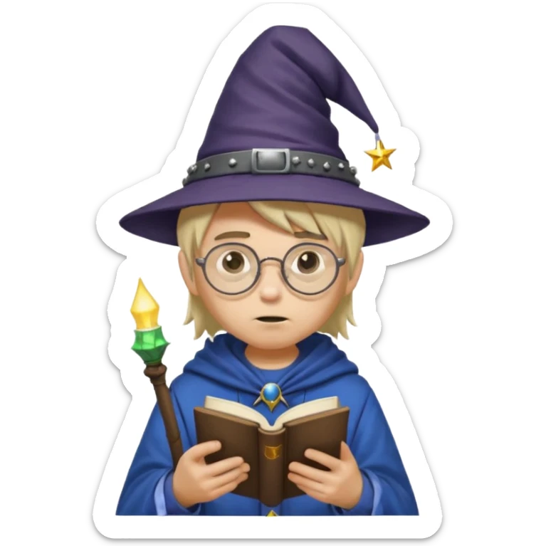 ["A sad boy with light skin, straight hair, wearing a wizard hat and round glasses, dressed in punk fashion, is reading a book while holding a phone."] sticker