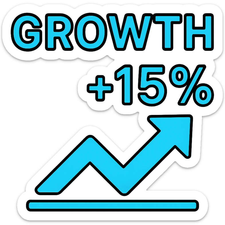 text 'Growth +15%' in bold font, cyan blue color, lineal color icon with black outlines sticker