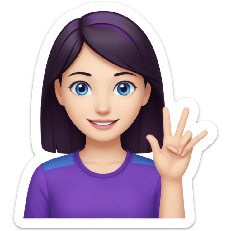 Grinning dark hair woman with blue eyes, wearing purple shirt - showing that somehting is obvious with her hand

 sticker