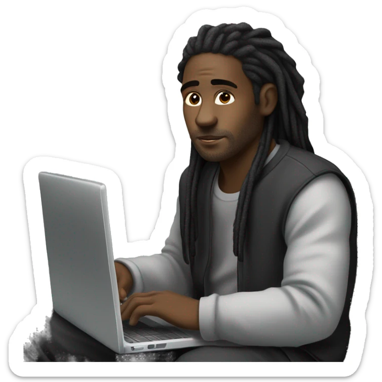 Black-guy-with-dreads-wearing-black-trackstuit-sitting-down-on-chair facing-foward-focused-on-laptop-computer- sticker
