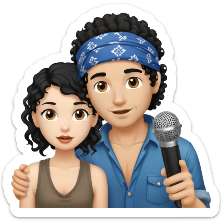 beautiful pale girl with black hair next to tanned skin homeless man with bandana and curly hair whose holding microphone sticker
