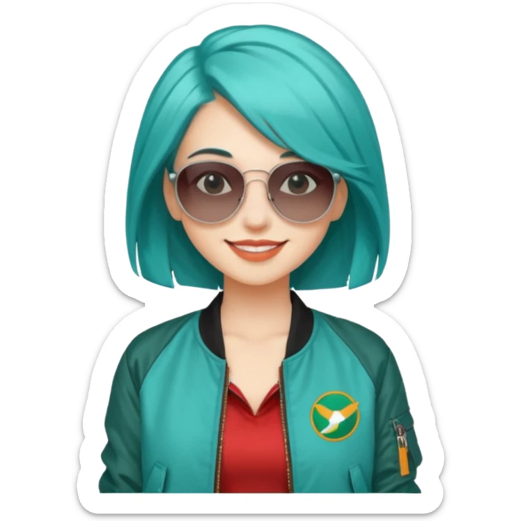 young fashionable woman, shoulder-length teal hair, wearing a bomber jacket and sunglasses, smiling sticker