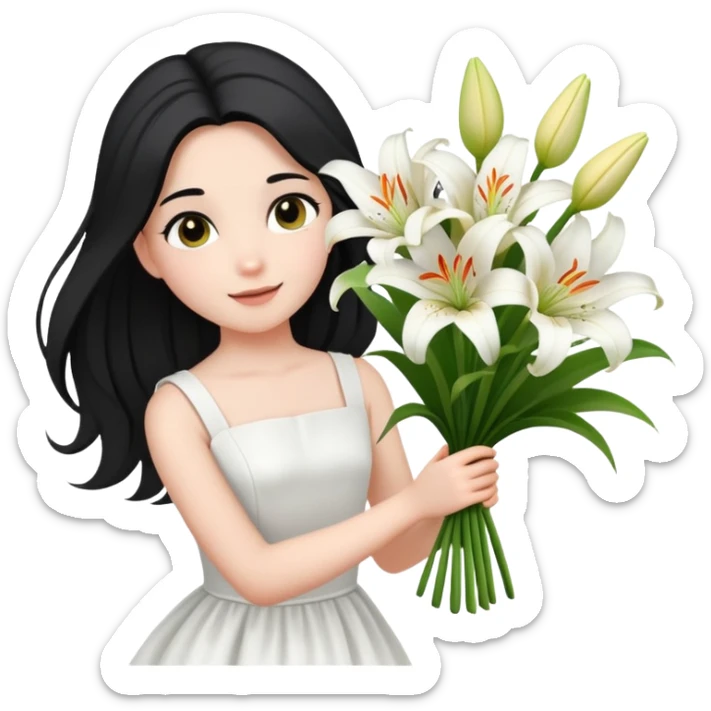  A girl with a black half-up half-down hairstyle, and a white dress, enjoying the spring breeze.Holding a bundle of lily sticker