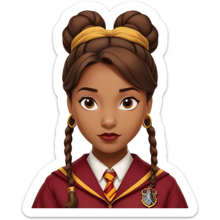 Tiana Benjamin is Angelina Johnson in harry potter, wear hogwarts gryfindor uniform,  thick, brown knot bun hair , reflecting her bold, stylish, and strong personality sticker
