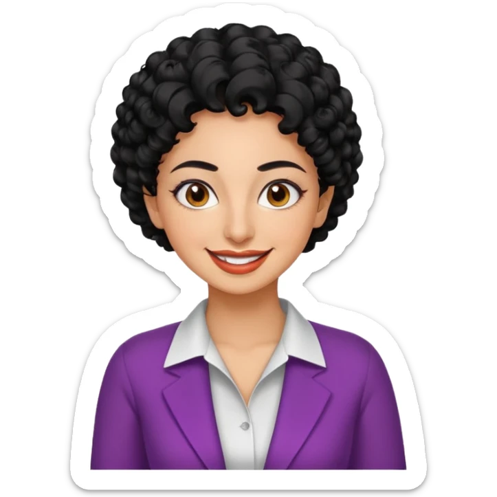 30 year old iranian woman very short curly black hair, big brown eyes, tanned skin, big smile, white teeth, pretty, stylish, shorter hair, boy cut hair, nice clothes sticker