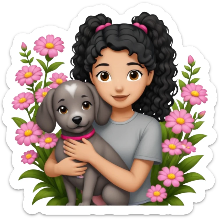 A beautiful girl with black ponytail and wearing short sleeves happily hugs a gray curly dog ​​in the flowers sticker