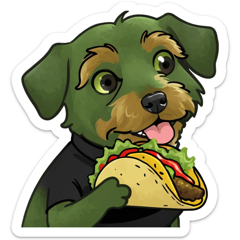 With the colors black, brown, and tan for the fur Create a yorkiepoo doodle dog with a black shirt on eating a taco sticker