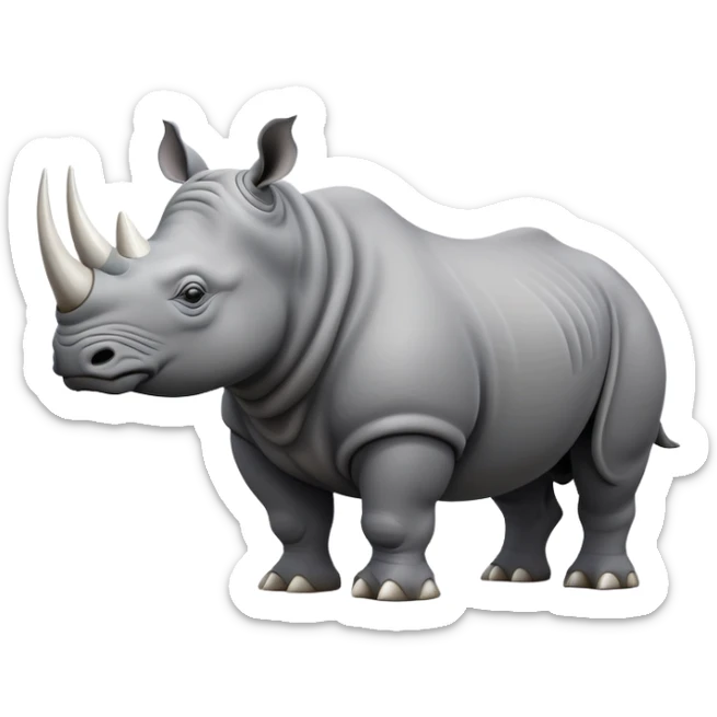 cinematic-rhino-full-body-standing-emoji,white horn, slate grey skin -massive-body-poised-powerfully,-thick-horn-curving-slightly-forward,-head-tilted-dramatically,-rough-grey-hide-covered-in-dust,-simplified-focused-features, sticker
