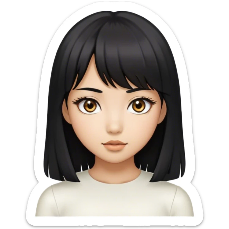 a black hair, tan skin, asian girl, vvery attractive eyes with long lashes，Centre-parted hair, a bit of bangs around the ears, white sheath top. sticker