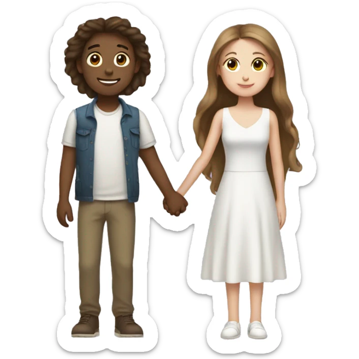 two girls one guy holding hands, one girl long brown hair white skin sticker