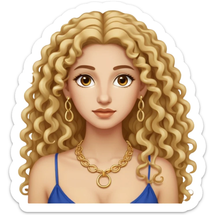 attractive Greek woman with long curly hair and light skin wearing gold hoop earrings and a small gold necklace sticker