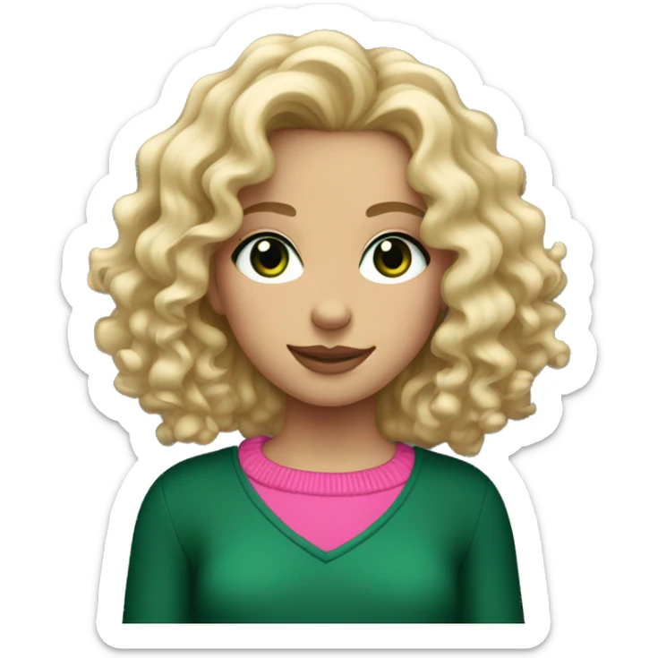Blonde girl with dark green eyes and curly wavy hair and a jumper color pink sticker