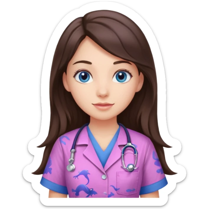 pretty brunette nurse with long hair and blue eyes in pink and purple dinosaur pattern scrubs sticker