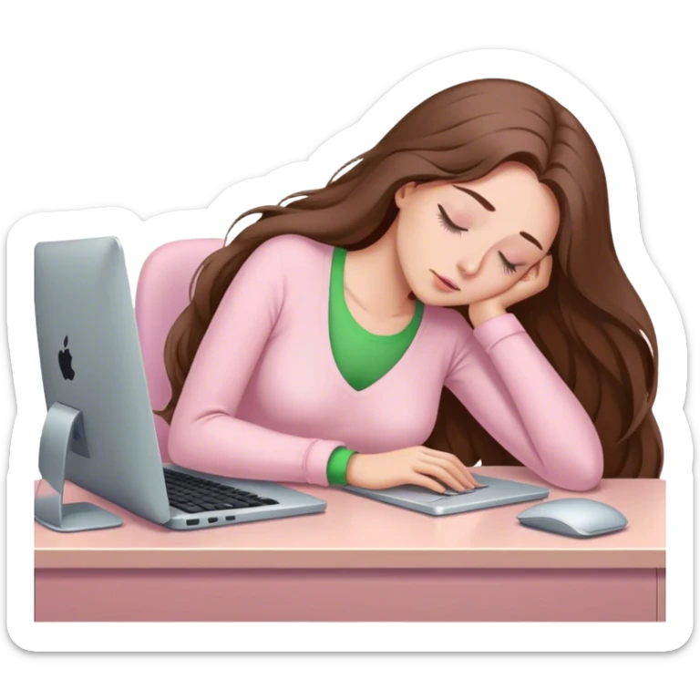 pretty woman with very long brown hair and green eyes and light pink outfit sleeping working on a computer sticker