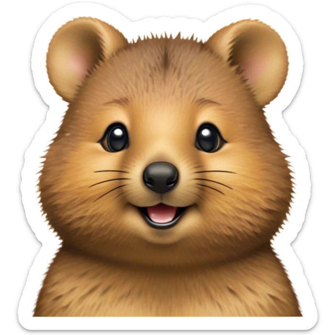 Cinematic Cute Quokka Portrait Emoji, Head tilted playfully and inquisitively, featuring a fluffy, round face with a naturally cheerful grin and bright, sparkling eyes full of playful curiosity, Simplified yet irresistibly adorable features, highly detailed, glowing with a warm, friendly glow, high shine, affectionate and spirited, stylized with a touch of Aussie whimsy, bright and endearing, soft glowing outline, capturing the essence of a mischievous yet loving quokka, so playful it feels like it could scamper out of the screen and into your arms! sticker