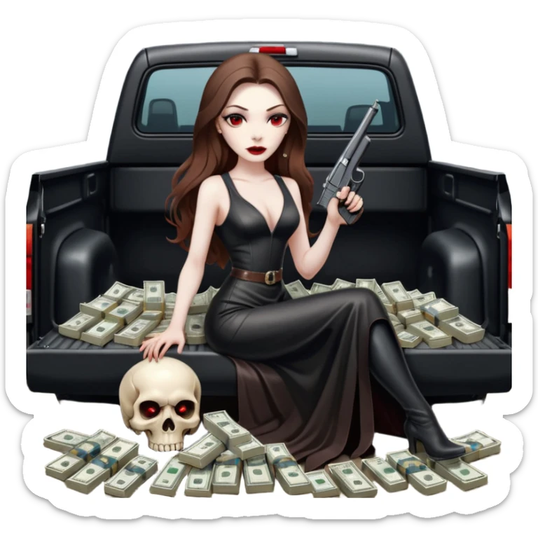 Lilith symbol red eye seductress evil long brown haired sexy succubus woman with leather long dress with slit on, sitting in Big Large F350 pickup truck. Back seat full of stacks of cash, she is  Holding a human skull of her enemies and a gun in other hand sticker