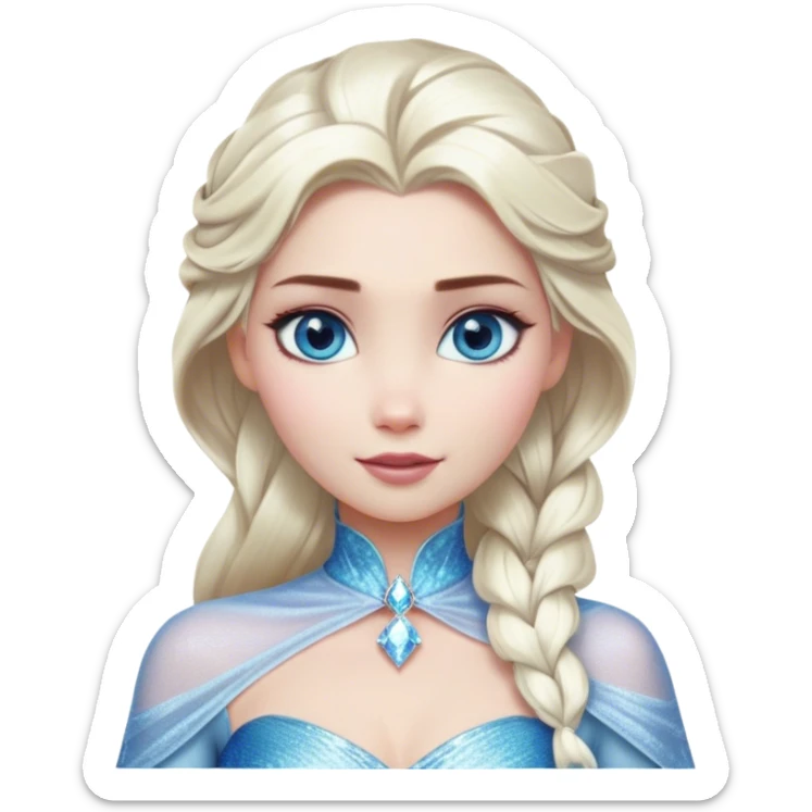 Cinematic Realistic Elsa Portrait, depicted with lifelike skin texture, soft natural lighting, and intricately detailed platinum blonde hair styled elegantly. Her striking, expressive blue eyes exude confidence and grace, complemented by a serene and regal expression. She is dressed in her signature icy attire, with shimmering fabric textures and delicate folds that catch the light beautifully. The portrait features a soft, enchanting glow with a cool, radiant finish, capturing the essence of timeless elegance in a realistic and painterly style, evoking a sense of depth and authenticity. sticker
