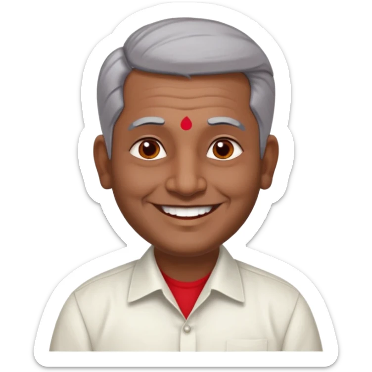 50 yr old indian man, dark skin, grey hair, big smile, white teeth, chubby, no moustache, clean shaven, young style hair, hair brushed back, 5 oclock shadow, bindy, dress shirt, forehead dot, chubby, religious, red dot sticker