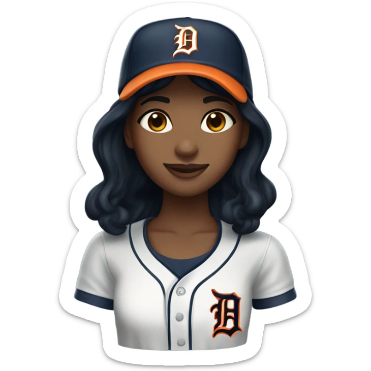 Girl with black hair wearing a Detroit Tigers hat sticker