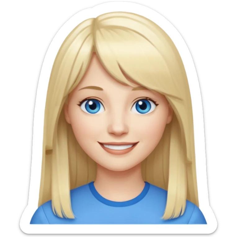 40 yr old white woman, pale skin, long straight blond hair parted in center, blue eyes, bangs sticker