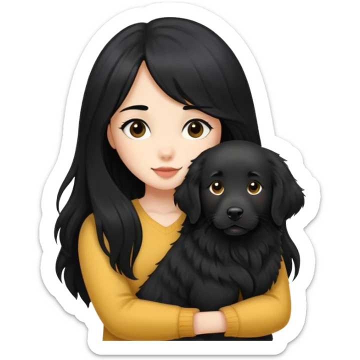 A girl with long black hair and a black golden retriever sticker