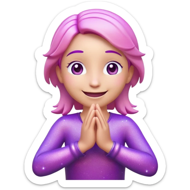 3D emoji of a happy character with hands together in gratitude pose, purple/pink tones, sparkles around, kind expression sticker