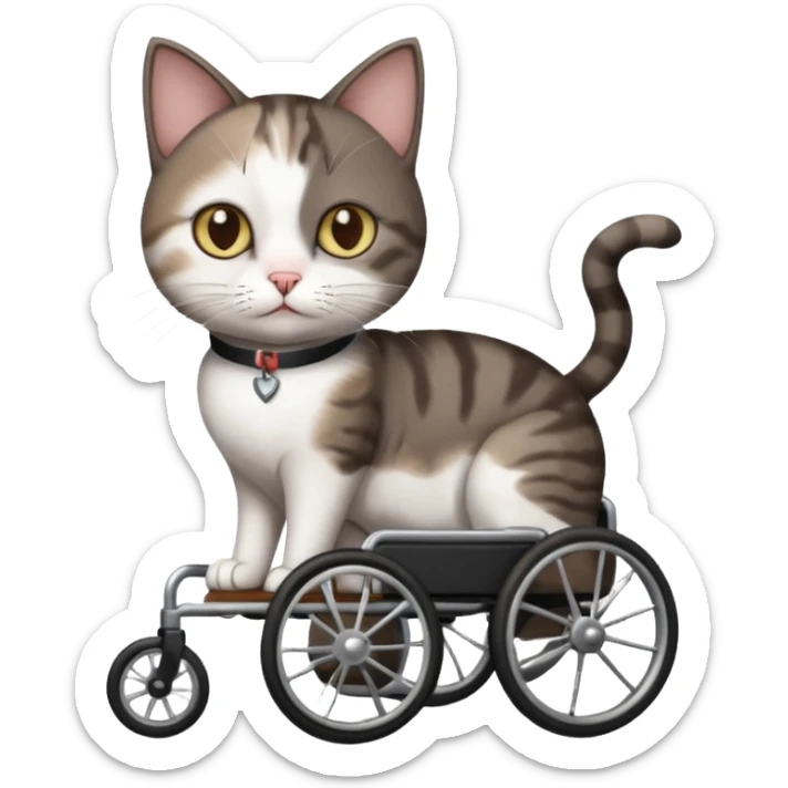 full body small short hair dark brown and white cat with hazel eyes walking in a wheelchair for cats sticker
