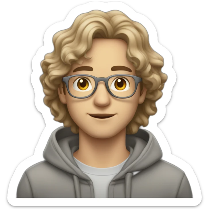 young white guy with middle long wavy hair and a fade in light brown color and rounded silver glasses with a grey hoodie on sticker