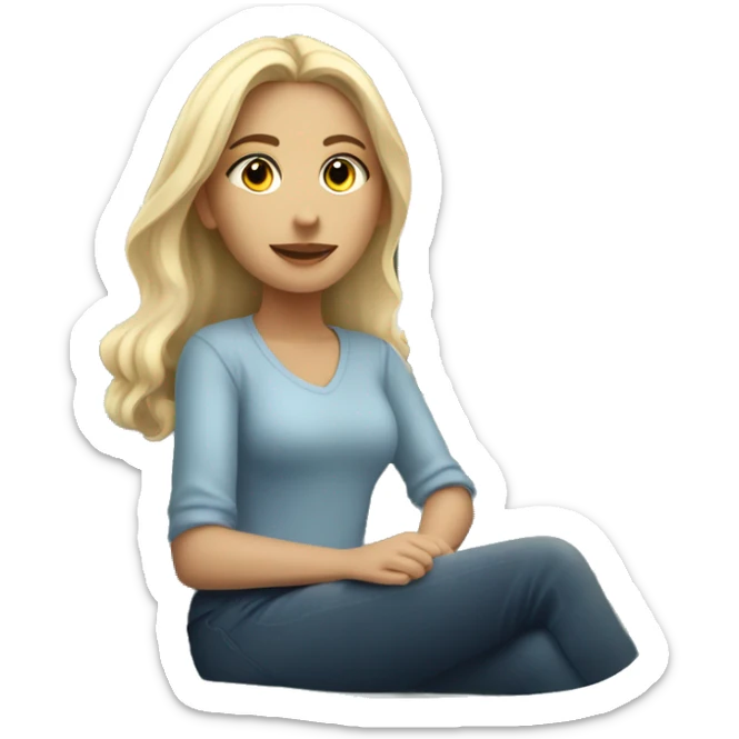 "A young woman with light blonde hair sits on a cozy sofa in a softly lit room by a large window showing a clear blue sky. sticker