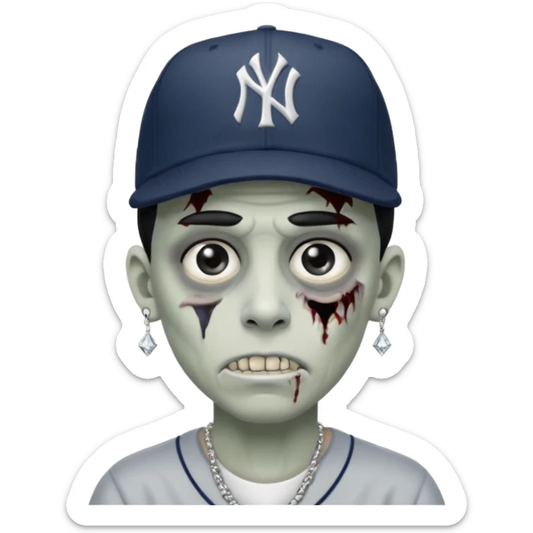 Zombie con aretes con una gorra new York yankee y una cadena de diamante hombre aretes pequeños y de negro y blanco  aretes pequeños  sticker