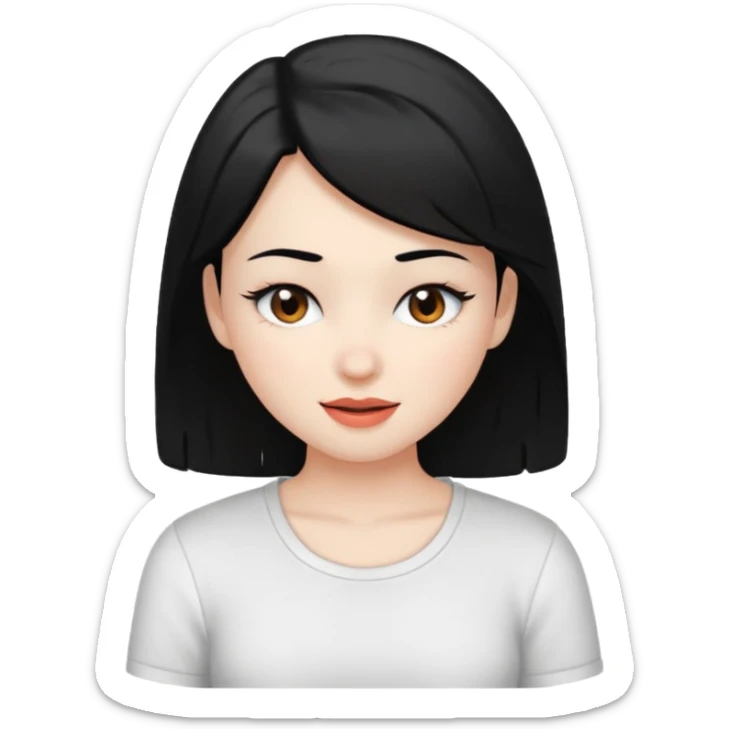a girl with white skin, black hair, brown eyes, and a white shirt, winking sticker