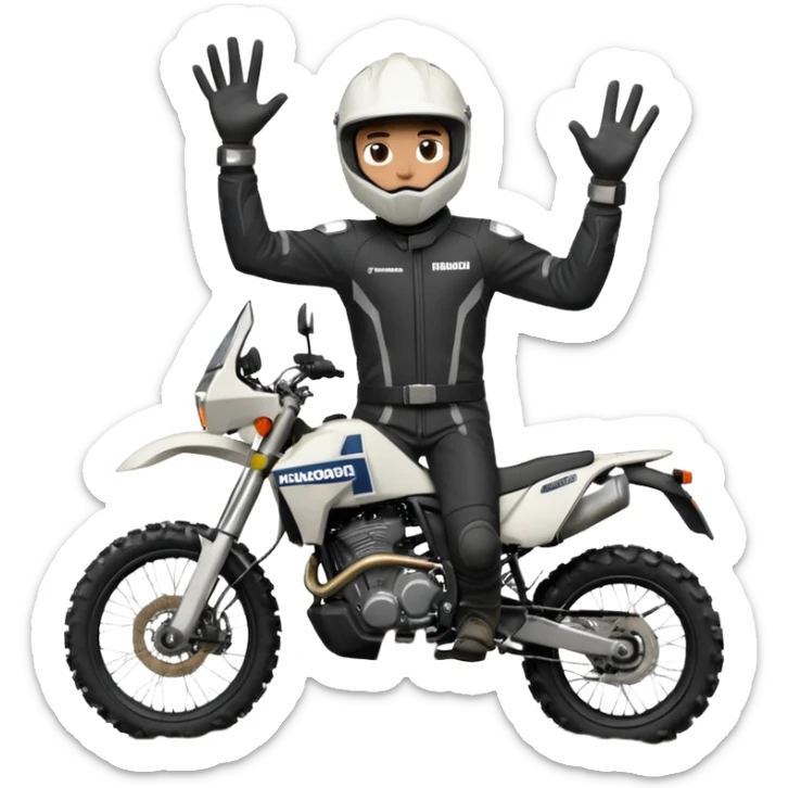 MALE WITH WHITE HELMET AND BLACK CLOTHES on a adventure motorcycle Norden 901 from husqvarna wheeling )wide the front wheel on air) getting of a mud pool and with one hand up doing the handsignal ok. sticker