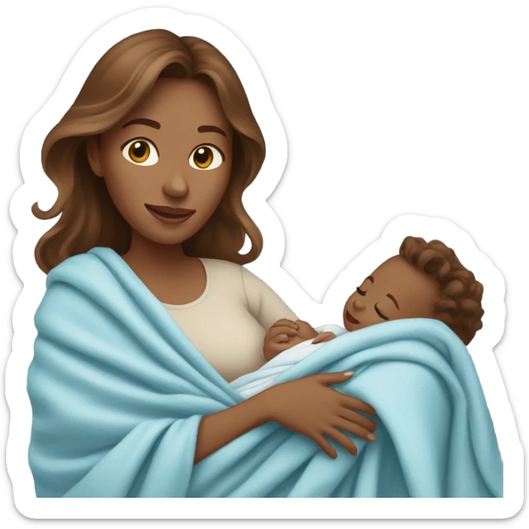 light brown woman with long wavy brown hair holding newborn baby boy with light blue blanket  sticker