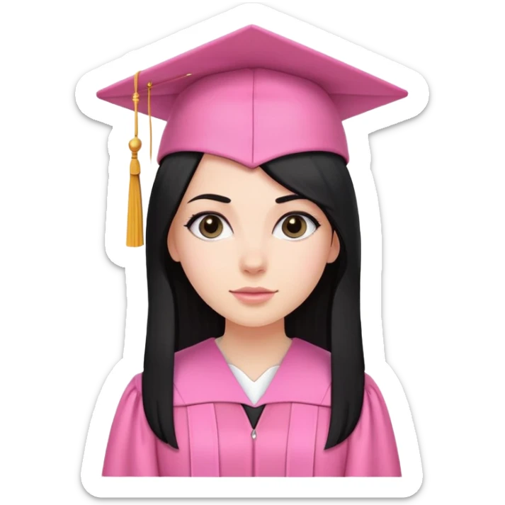 White girl with long straight black tine wearing pink graduation clothes sticker