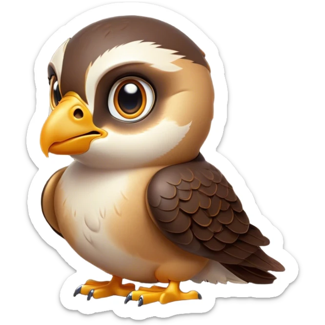Cinematic Cute Falcon Portrait Emoji, Head tilted playfully and inquisitively, featuring a sleek, agile form with a delicately curved beak and round, sparkling eyes full of spirited charm, Simplified yet irresistibly adorable features, highly detailed, glowing with a warm, inviting glow, high shine, affectionate and lively, stylized with a touch of whimsical aerial grace, soft glowing outline, capturing the essence of a mischievous yet endearing falcon that seems as if it could dart out of the screen into your heart! sticker