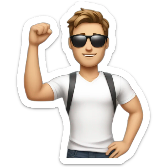 A young fit man with a white shirt and sunglasses on his hair with brown hair and a French flag in his hand sticker