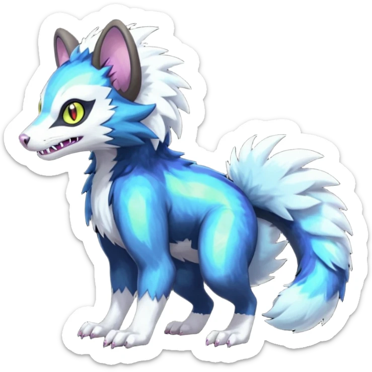 Colorful luminescent shiny iridescent glowing Trico-Luxray-Sergal-Furret-Ferret-Wolverine-Vernid-furry-fursona-fusion-Fakemon-animal-hybrid-creature, full body sticker