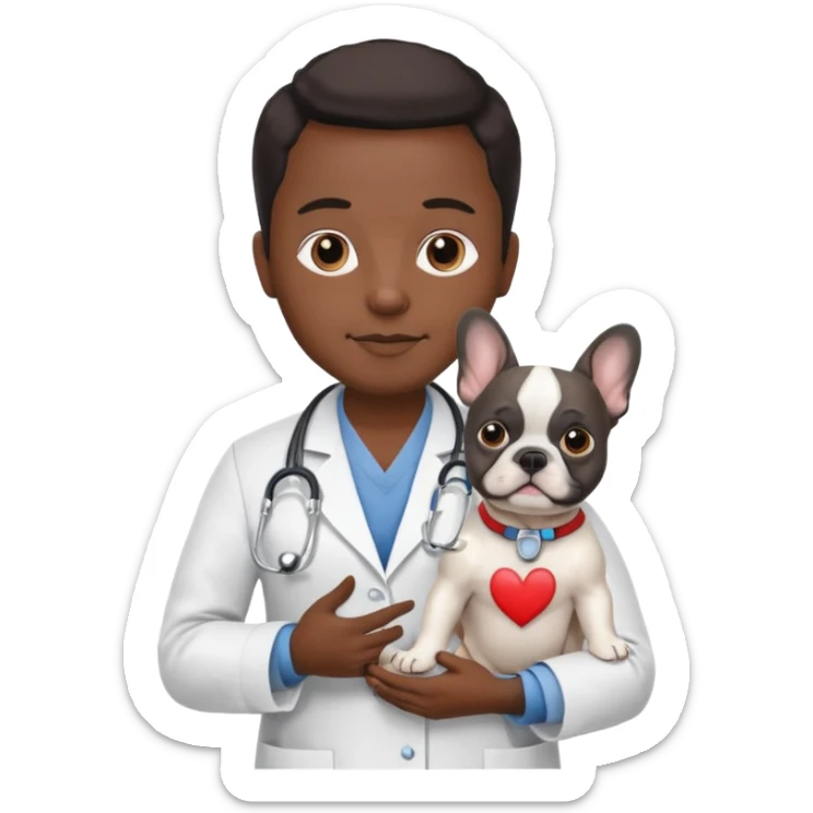 hombre médico que tenga un estetoscopio de color de tez negra que sostiene un bulldog francés blanco sticker