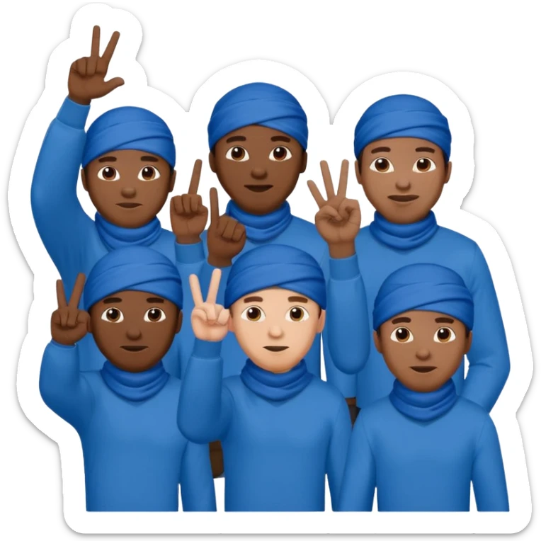 Group of black men with guns, blue clothing, blue bandanas, throwing up hand signs sticker