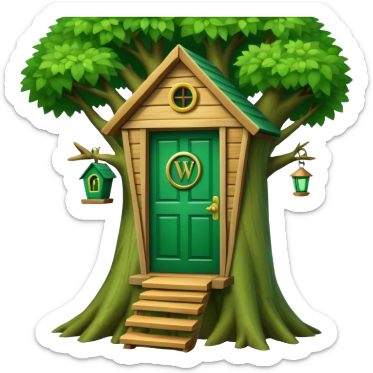 letter W on the side wall of a treehouse with an emerald green door, in a tree sticker